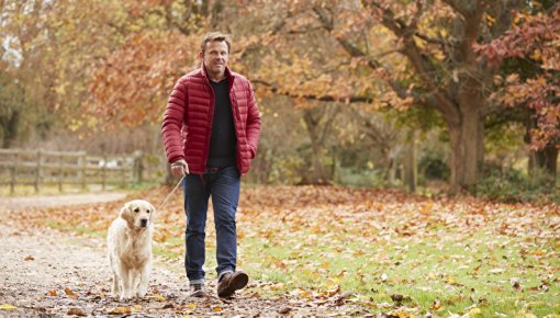 Photo of a man walking with a dog