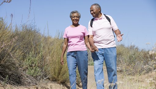 Photo of an older couple on a hike