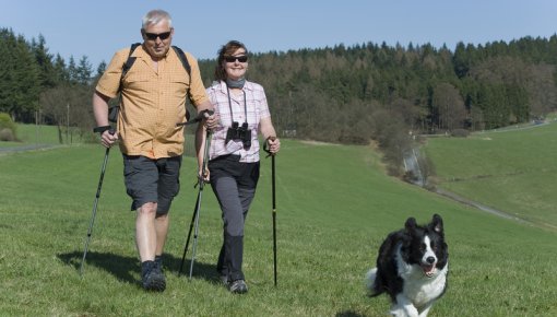 Photo of an older couple doing Nordic walking