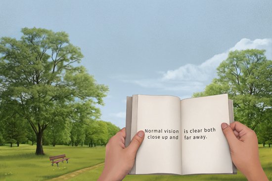 Illustration: An open book with clearly visible letters in the foreground, and clearly visible trees in a park in the background.