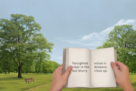 Illustration: An open book with blurred letters in the foreground, and clearly visible trees in a park in the background.