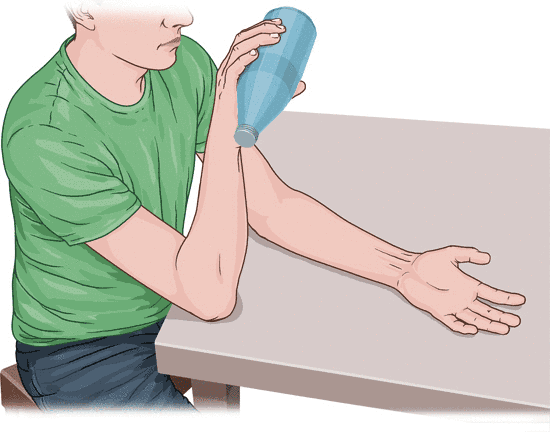 The animated illustration shows an eccentric exercise for tennis elbow in which the arm is slowly lowered with a full bottle in the hand.