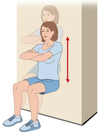 This illustration shows a front diagonal view of a woman doing knee squats against a wall to strengthen her thigh muscles