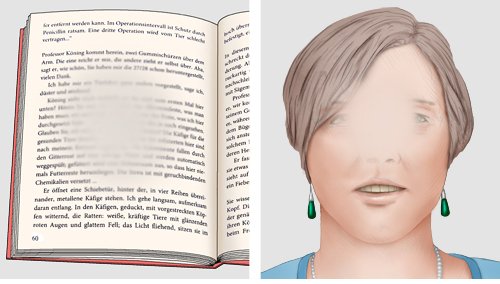 Illustration: Typical loss of vision caused by advanced AMD; Things that you look at directly appear blurry, left: Page of a book, right: Face