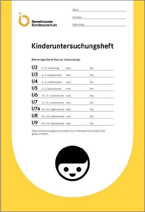 Illustration: The yellow booklet used to document the standard check-ups (in German: Kinderuntersuchungsheft) 