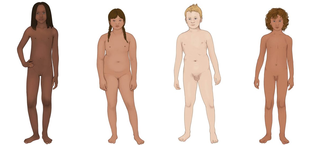 Front view of four children with different body shapes and skin colors