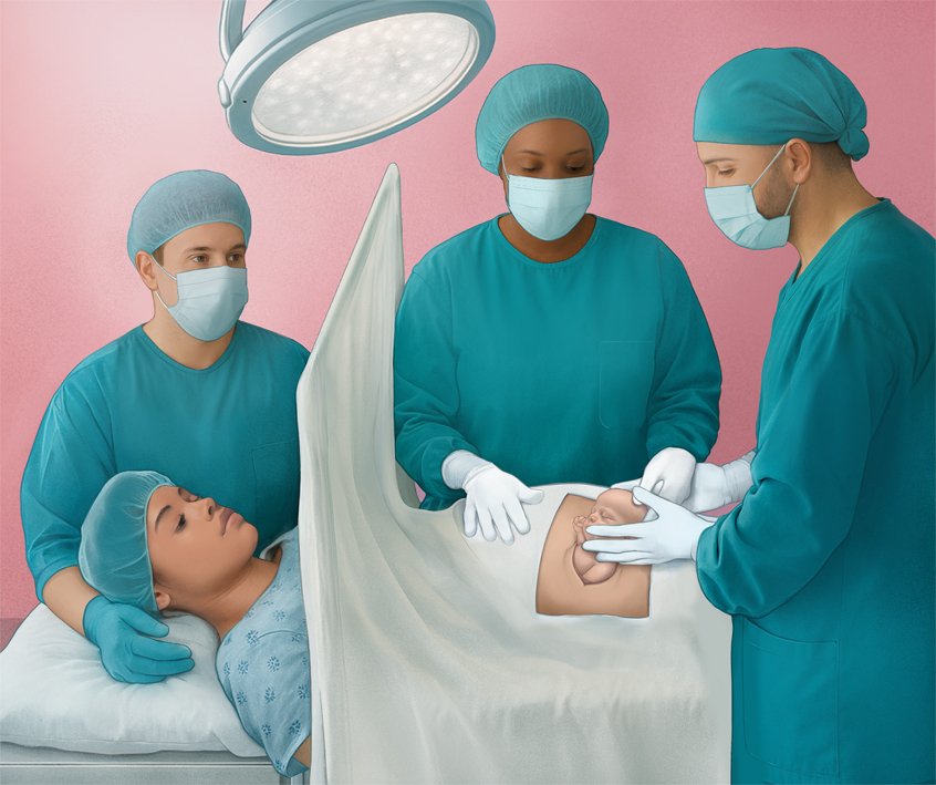 Illustration: Baby being delivered via C-section